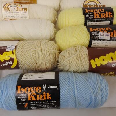 9 Skeins Yarn: Blue, Tan, Yellow, Cream/White