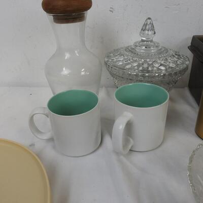 Kitchen Lot: Glass Candy Bowl, 2 Cups, 2 Mugs, Metal Ash Tray, Knife, Lazy Susan