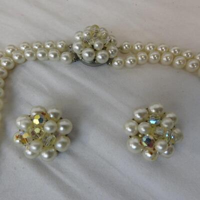 3 pc Costume Jewelry: Faux Pearls Bracelet, Clip-On Earrings, Bracelet - Vintage