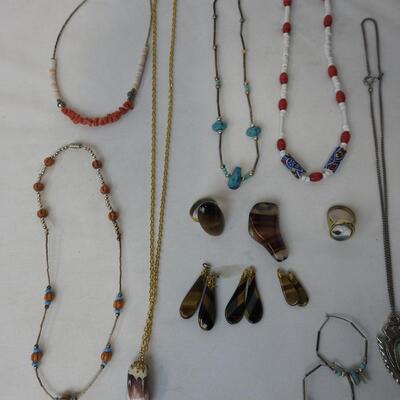 23 pc Costume Jewelry & 1 Rock: 3 pairs earrings, 2 Rings, 15 necklaces- Vintage