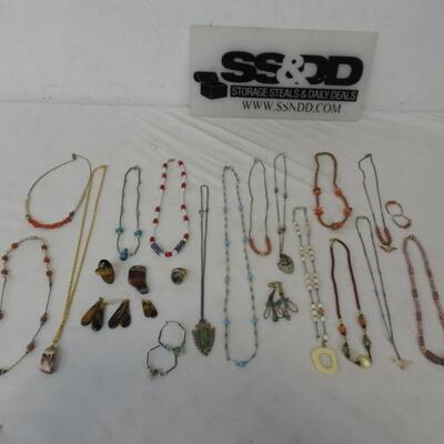 23 pc Costume Jewelry & 1 Rock: 3 pairs earrings, 2 Rings, 15 necklaces- Vintage