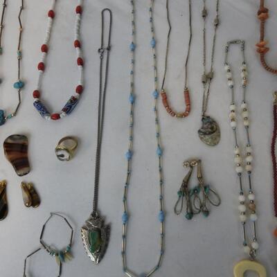 23 pc Costume Jewelry & 1 Rock: 3 pairs earrings, 2 Rings, 15 necklaces- Vintage