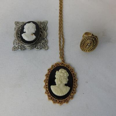 3 pc Jewelry: Black Cameo Pin, Black Cameo Necklace, Ring w/ Compartment