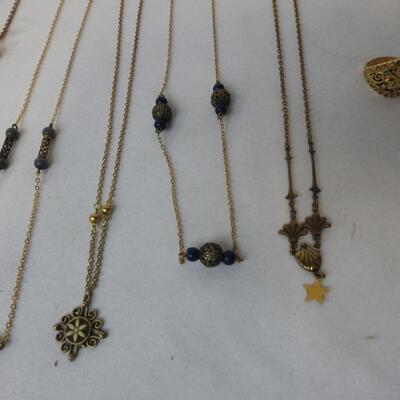 12 pc Vintage Costume Jewelry: 8 Dainty Necklaces & 4 Rings (3 adj & 1 sz 6)