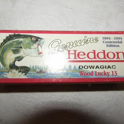 LOT 59  SIGNED WOODEN FISHING LURE AND HEDDON BOX