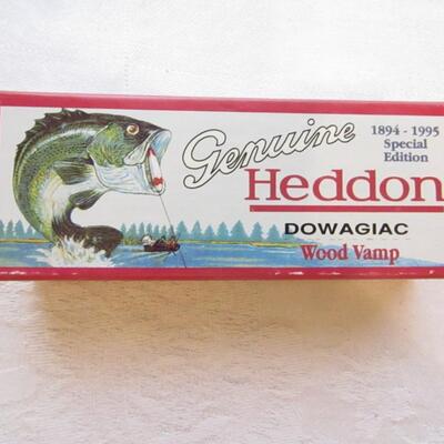 LOT 61  SIGNED WOODEN LURE AND A HEDDON BOX
