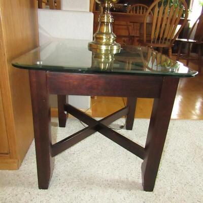 LOT 65  GLASS TOP AND SLATE END TABLE