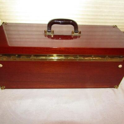 LOT 67  WOODEN TACKLE BOX IN A CANVAS COVER