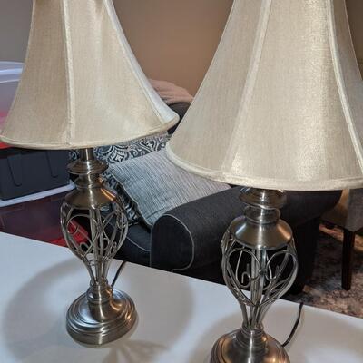 Metal Filigree Table Lamps, Brushed Nickel w/ Shades