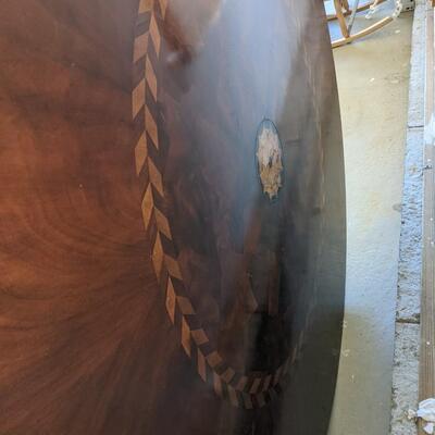 6 Ft Diameter  Inlaid wood Table, Four Carved Leg Base
