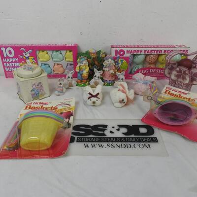 Easter 18 pcs, bunny & egg lights, figurines, 2 egg dye kits, tin, sock bunnies