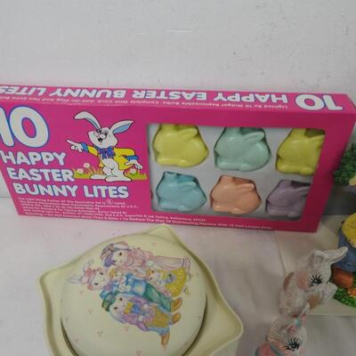 Easter 18 pcs, bunny & egg lights, figurines, 2 egg dye kits, tin, sock bunnies