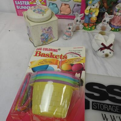 Easter 18 pcs, bunny & egg lights, figurines, 2 egg dye kits, tin, sock bunnies