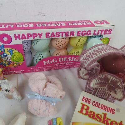 Easter 18 pcs, bunny & egg lights, figurines, 2 egg dye kits, tin, sock bunnies