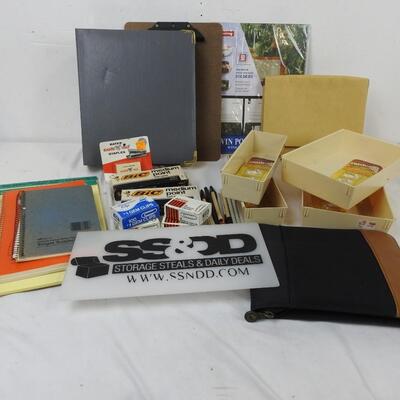 Office supplies 20+ pcs, 4 drawer trays, organizer w/ notebook, notepads, binder