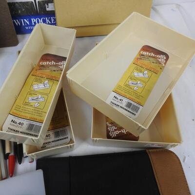 Office supplies 20+ pcs, 4 drawer trays, organizer w/ notebook, notepads, binder