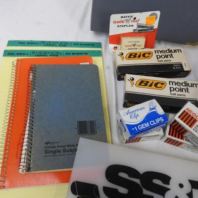 Office supplies 20+ pcs, 4 drawer trays, organizer w/ notebook, notepads, binder