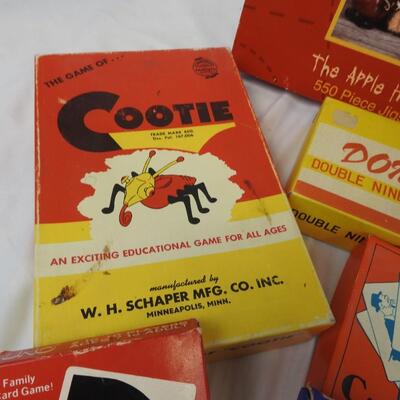 Game lot, some vintage: cootie, rummy royal, old maid, bingo, dominoes, rook