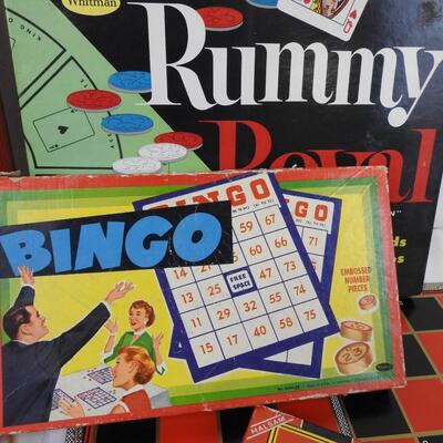 Game lot, some vintage: cootie, rummy royal, old maid, bingo, dominoes, rook