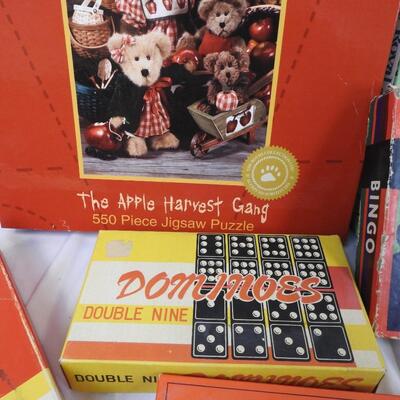 Game lot, some vintage: cootie, rummy royal, old maid, bingo, dominoes, rook