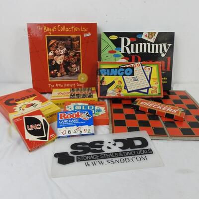 Game lot, some vintage: cootie, rummy royal, old maid, bingo, dominoes, rook