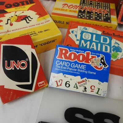 Game lot, some vintage: cootie, rummy royal, old maid, bingo, dominoes, rook