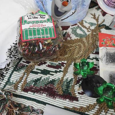 Christmas lot 13+ pcs: Coca Cols mug, Afghan throw, Olaf tin, pine branch picks