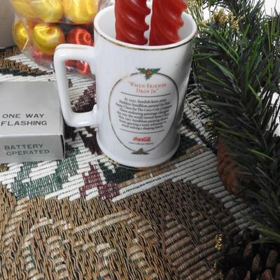 Christmas lot 13+ pcs: Coca Cols mug, Afghan throw, Olaf tin, pine branch picks