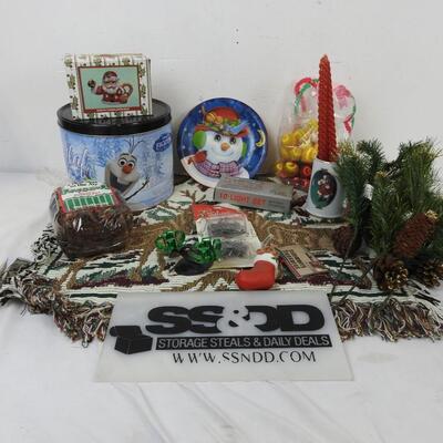 Christmas lot 13+ pcs: Coca Cols mug, Afghan throw, Olaf tin, pine branch picks