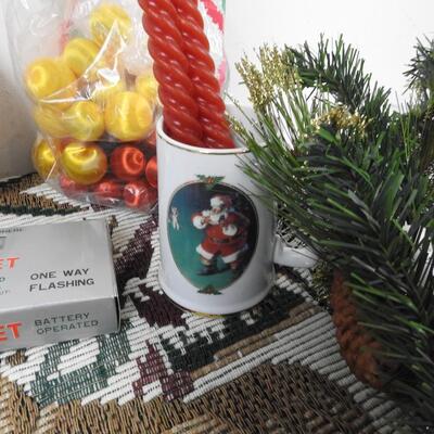 Christmas lot 13+ pcs: Coca Cols mug, Afghan throw, Olaf tin, pine branch picks