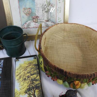 Home Decor: 9 pc: woven basket, outdoor scenery, picture frame, bear trinket box