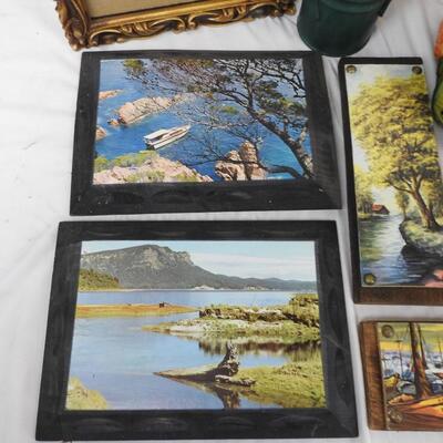 Home Decor: 9 pc: woven basket, outdoor scenery, picture frame, bear trinket box