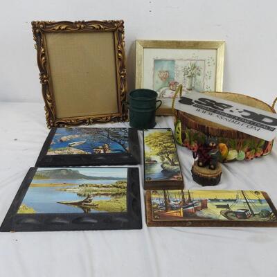 Home Decor: 9 pc: woven basket, outdoor scenery, picture frame, bear trinket box