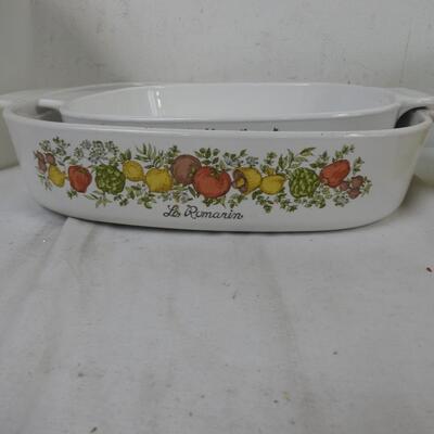 Kitchen lot 8+ pcs: 2 Corningware Garden Harvest dishes, trash/sandwich bags