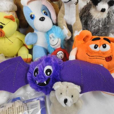 Stuffed Animal lot: 15+ Disney, Snoopy, Ty, M&M bucket, Thing 1 Bat ball