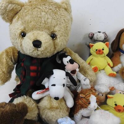 Stuffed Animal lot: 15+ Disney, Snoopy, Ty, M&M bucket, Thing 1 Bat ball