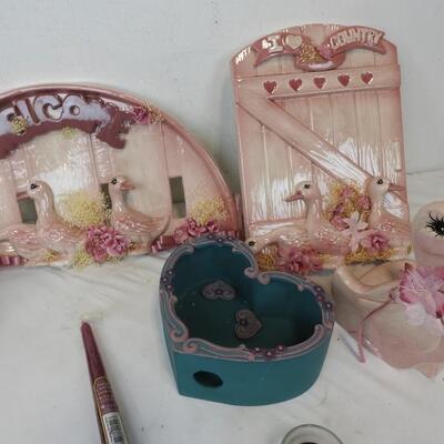 2 Pink Floral Wreathes, Glass/Ceramic Pink Duck Welcome Decor, Candle, Heart Box