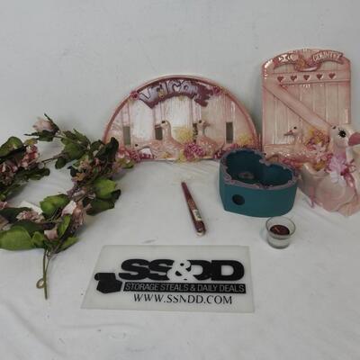 2 Pink Floral Wreathes, Glass/Ceramic Pink Duck Welcome Decor, Candle, Heart Box