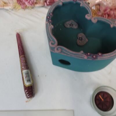 2 Pink Floral Wreathes, Glass/Ceramic Pink Duck Welcome Decor, Candle, Heart Box