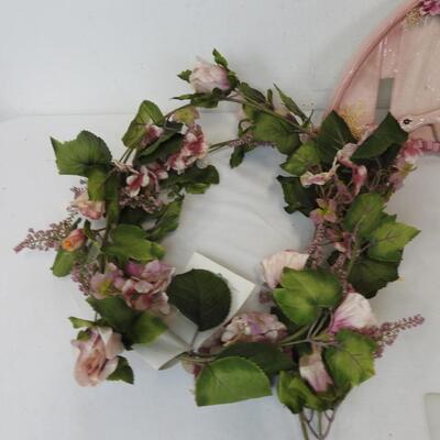 2 Pink Floral Wreathes, Glass/Ceramic Pink Duck Welcome Decor, Candle, Heart Box