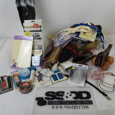 Personal Care Lot: Wooden Dog Car, Hair Dryer, Scarfs, Belt, Letter Supplies