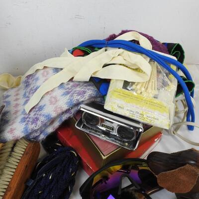 Personal Care Lot: Wooden Dog Car, Hair Dryer, Scarfs, Belt, Letter Supplies