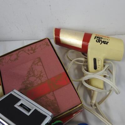 Personal Care Lot: Wooden Dog Car, Hair Dryer, Scarfs, Belt, Letter Supplies