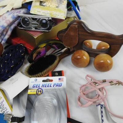 Personal Care Lot: Wooden Dog Car, Hair Dryer, Scarfs, Belt, Letter Supplies