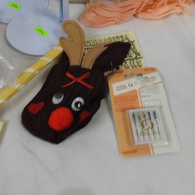 Crafts Lot: Doll Stands, Yarn & Fabric, Stensils, Paper, Small Easel