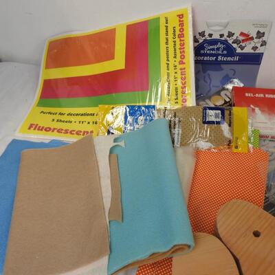 Crafts Lot: Doll Stands, Yarn & Fabric, Stensils, Paper, Small Easel