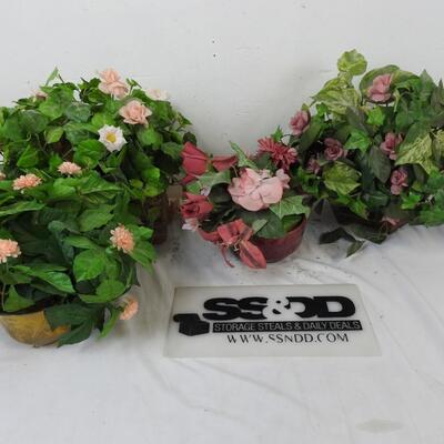 4 Faux Flower Plant Pots, Pink and Orange Flowers, Assorted Pot Designs