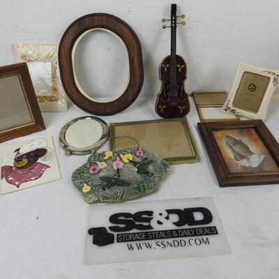 Home Decor Lot: 5 Picture Frames, Mini Wooden Cello/Violin, Hummingbird Ceramic