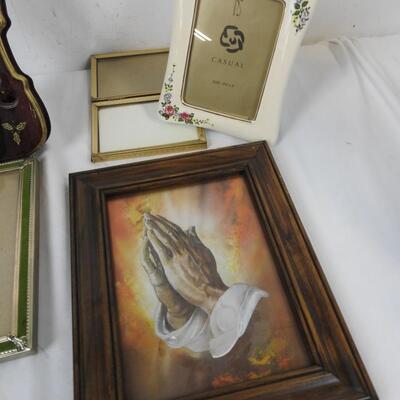 Home Decor Lot: 5 Picture Frames, Mini Wooden Cello/Violin, Hummingbird Ceramic