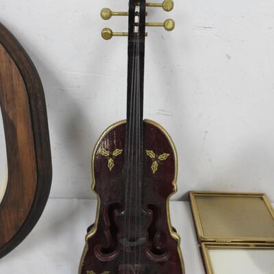 Home Decor Lot: 5 Picture Frames, Mini Wooden Cello/Violin, Hummingbird Ceramic